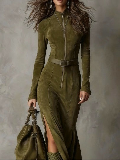 Alessia™ | Maxi Šaty s Efektem Semiše a Páskovým Zvýrazněním Pasu