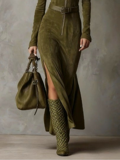 Alessia™ | Maxi Šaty s Efektem Semiše a Páskovým Zvýrazněním Pasu